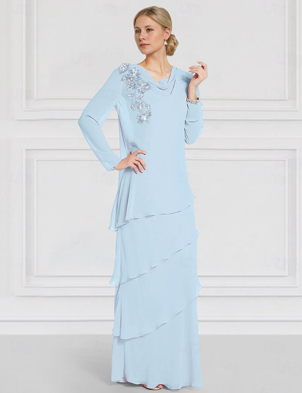 Jackenkleid Brautmutter Langarm mit Spitzen-Rüschen Chiffon Elegant Vintage Rundhals Bodenlang Kleid Cascading Rüschen 2025 - $183.99 –P6