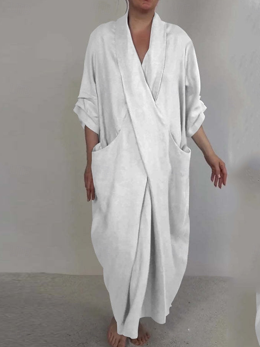 Damen Maxikleid Baumwoll-Leinen-Kleider Baumwoll-Leinenkleid Stilvoll Basic Lässig Urlaub Täglich Normale Passform Einfach Langarm V Ausschnitt Weiß Blau Frühling Herbst 2025 - $36.99 –P1