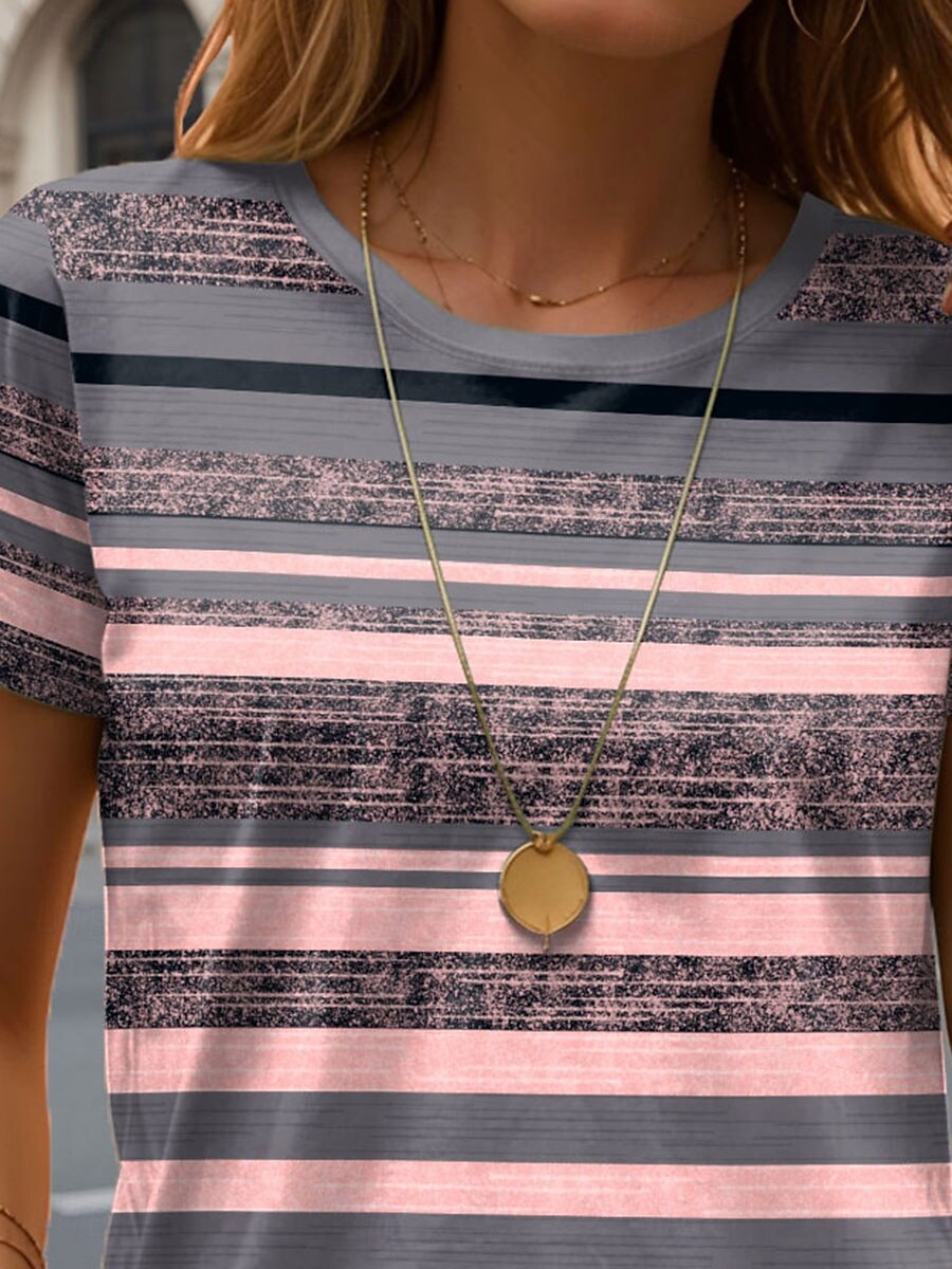 Women's T Shirt Print Striped Casual Short Sleeve Round Neck Regular Tops Daily Pink Summer 2026 - $22.99 –P2