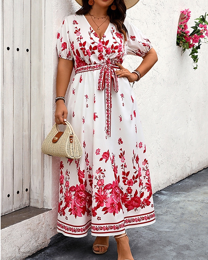 Femme robe longue Robe casual Robe Trapèze Robe d'été robe boheme Elégant Hawaïen mode Vacances du quotidien Rendez-vous Standard Floral Manche Courte Col V Blanche Eté de 2025 ? $28.99 –P1