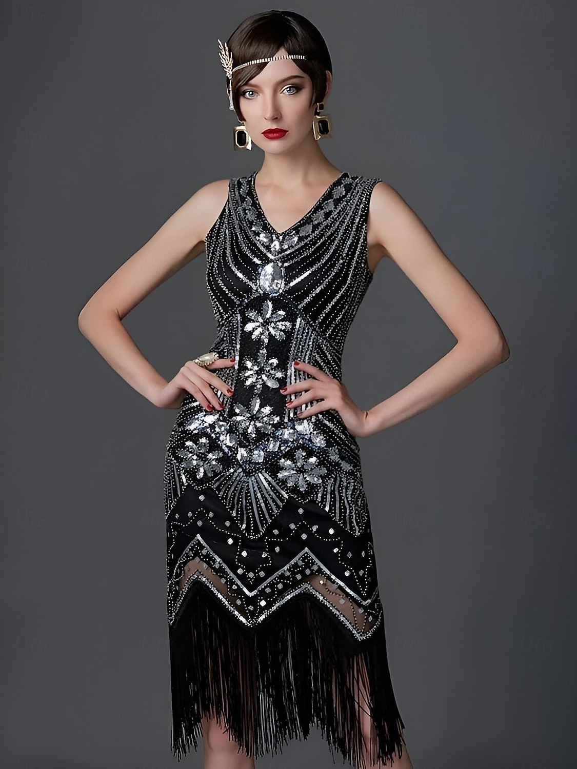 De livlige 20-årene 1920-tallet Cocktail Kjole Knelengde Flapper kjole Kjoler Drakter Ermeløs Den store Gatsby Charleston Store størrelser Dusk Fjær V-hals Kostyme Dame Karneval Nytt År Maskerade 2025 - $55.99 –P15