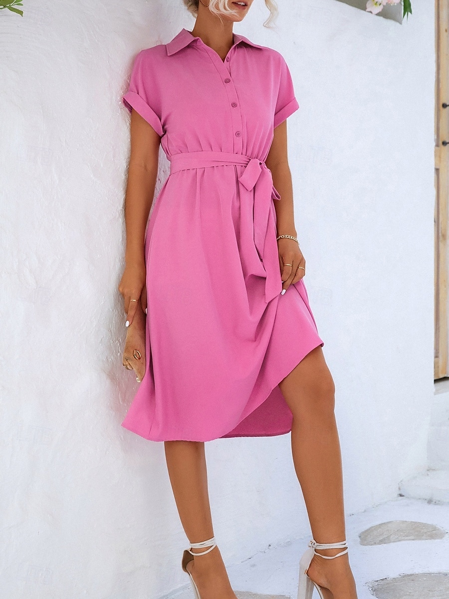 Damen Midikleid blusenkleid Casual kleid A Linie Kleid Stilvoll Ausgefallene Arbeit Täglich Regular Fit Glatt Kurzarm Hemdkragen Rosa Grün Sommer Frühling 2025 - AU $43.59 –P5