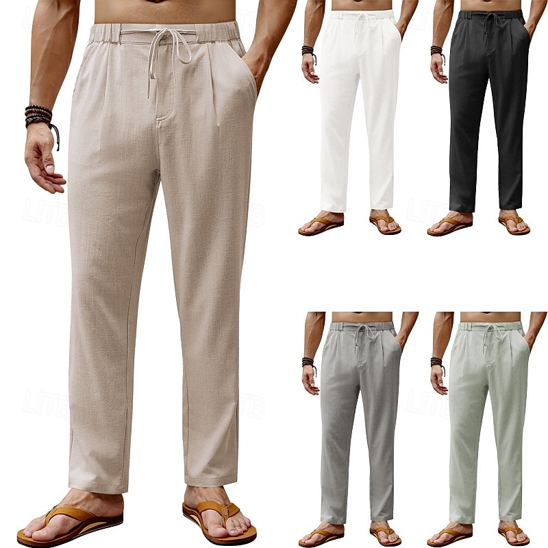 Men's Linen Pants Trousers Summer Pants Beach Pants Drawstring Elastic Waist Straight Leg Plain Comfort Breathable Full Length Daily Holiday Wedding Party Fashion Classic Style Black White 2025 - $20.99 –P1
