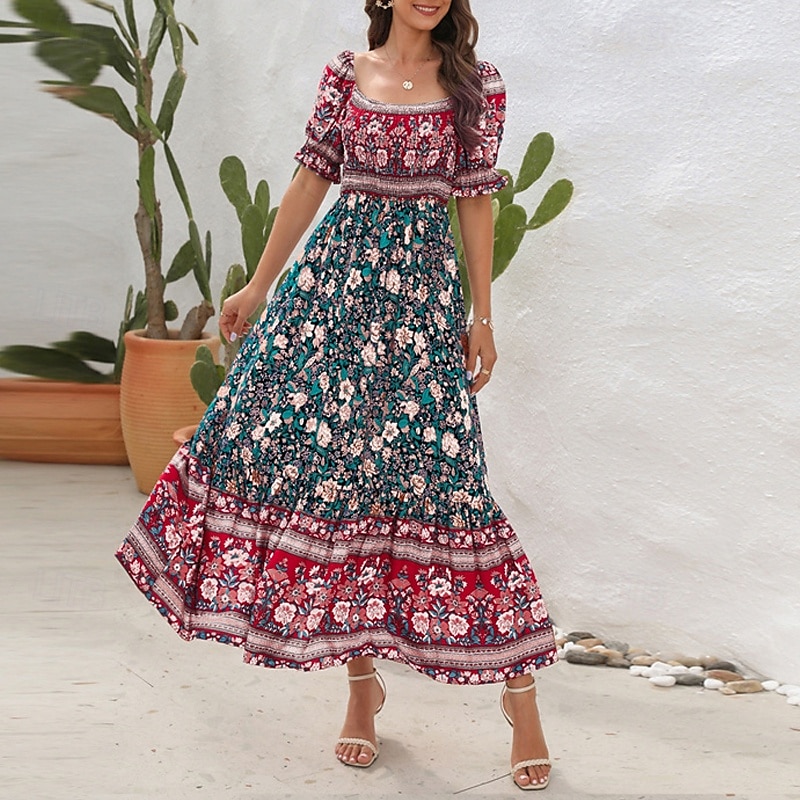 Női Hosszú ruha Maxi ruha hétköznapi ruha A vonalú ruha nyári ruha Boho ruha Elegáns Stílusos Etno Vakáció Napi Randi Normál Virágos Rövid ujjú Aszimmetrikus Világoszöld Rubin Medence Lóhere Nyár 2025 - $26.99 –P20