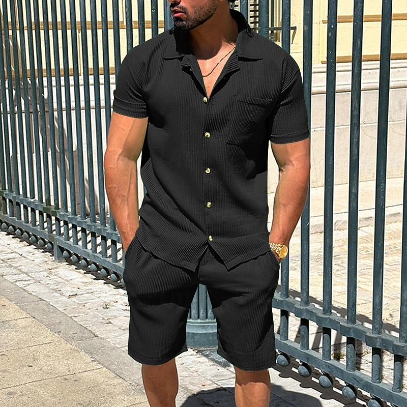 Homme Deux pièces Ensemble Chemise Ensemble été Et Set Uni Quotidien Vacances Sortir Col Manche Courte Pantalon Court Été Mode Occasionnel Confortable Vêtement Tenue de 2026 ? $41.99 –P8