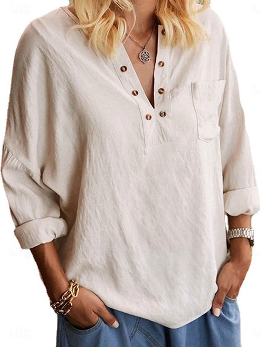 Dames Overhemd Blouse Katoenen linnen overhemden Effen Kleur Elegant Stijlvol Casual Lange mouw V-hals Normale tops Dagelijks Feestdagen Uitgaan Knop Beige Zomer Lente Herfst 2025 - $23.99 –P4