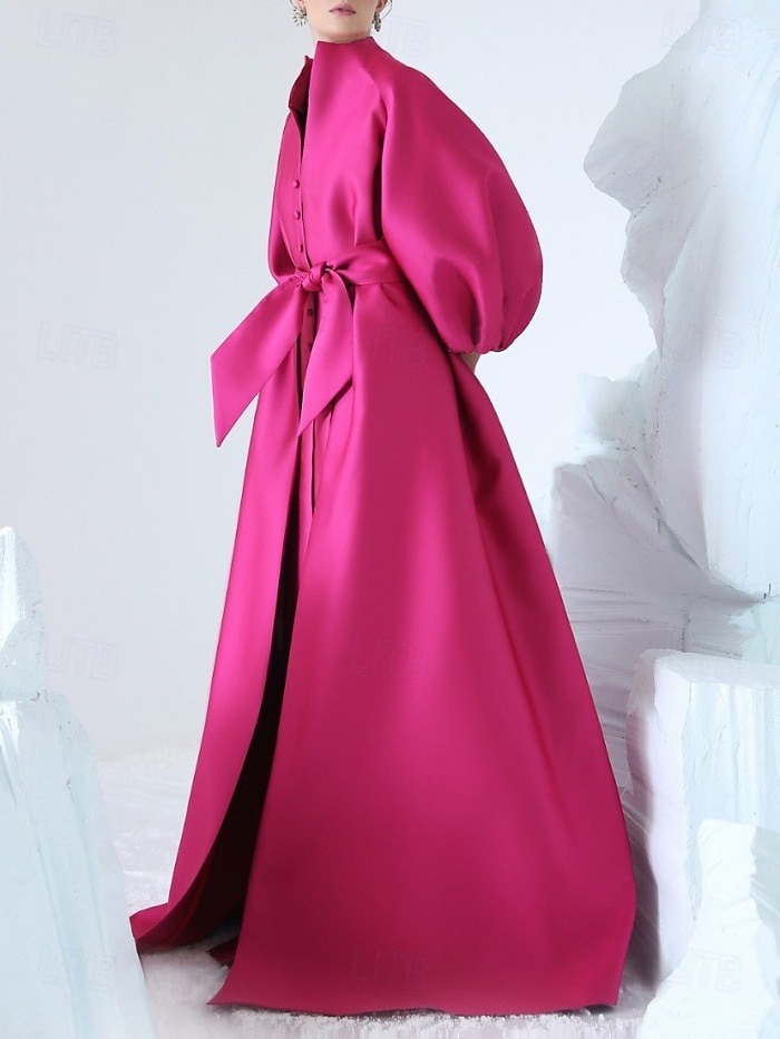 Rosa Siden A-Line Kvällen Klänning Elegant Klänning Formell Asymmetrisk Lång Ärm Ståkrage Ficka med Båge(r) Fickor Klänningar 2025 - $189.99 –P2