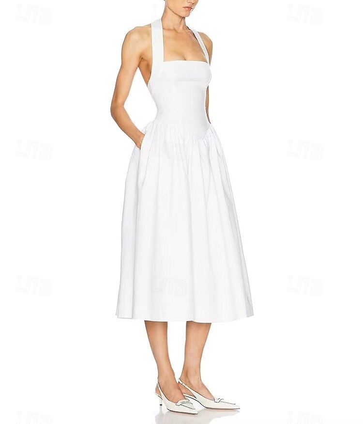 Spiaggia Piccola Laurea Abiti Bianchi Abiti da Sposa Neri A-Line Collo Halter Senza Maniche Lunghezza Tè Abiti da Sposa in Jersey con Pieghe Drappeggio 2025 del 2025 a $187.99 –P4