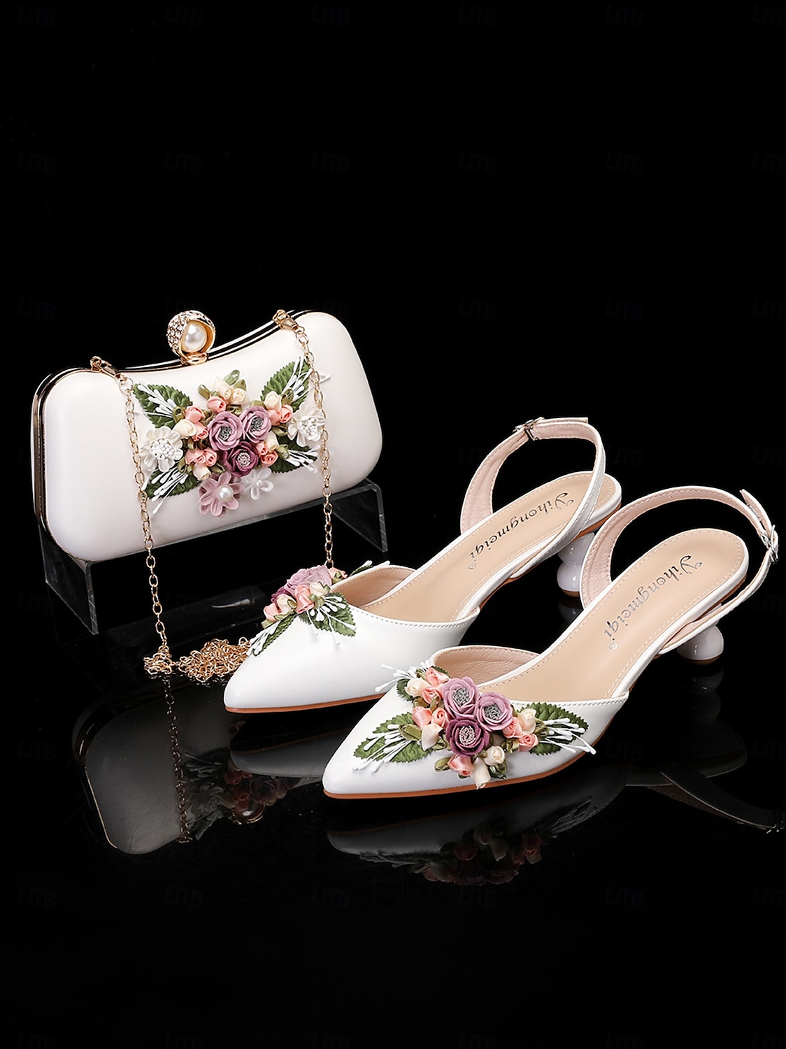 Set de pantofi albi cu toc pisicuță cu ornamente florale de epocă și set clutch asortat pentru femei - ideal pentru nunți și ocazii formale 2025 - $89.99 –P1