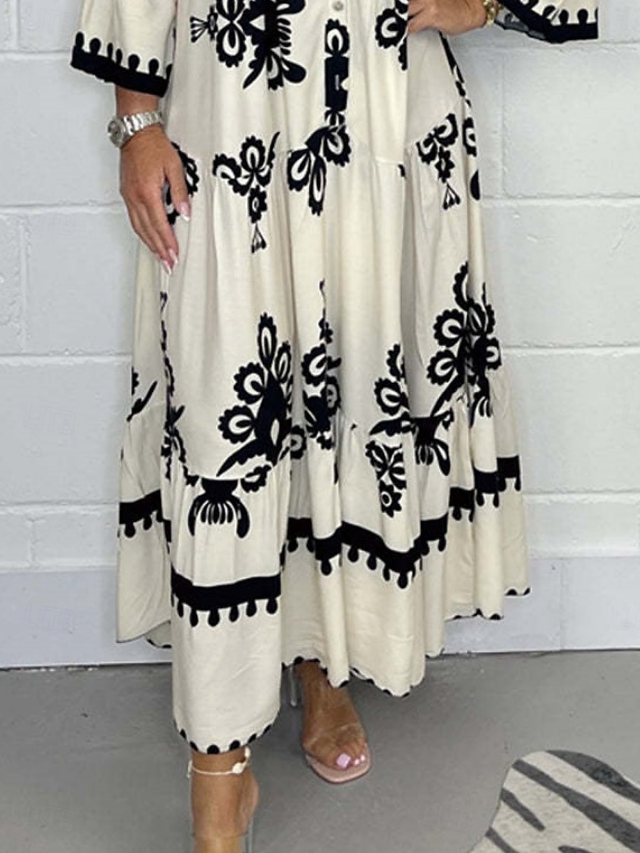 Dame Maxikjole Uformell kjole Boho elegante kjoler Boho-kjole Bohem Stilfull Fritid Feriereise Daglig Strand Løstsittende Grafisk 3/4 ermer V-hals Svart Rød Grønn Beige Sommer Vår 2025 - $34.99 –P3
