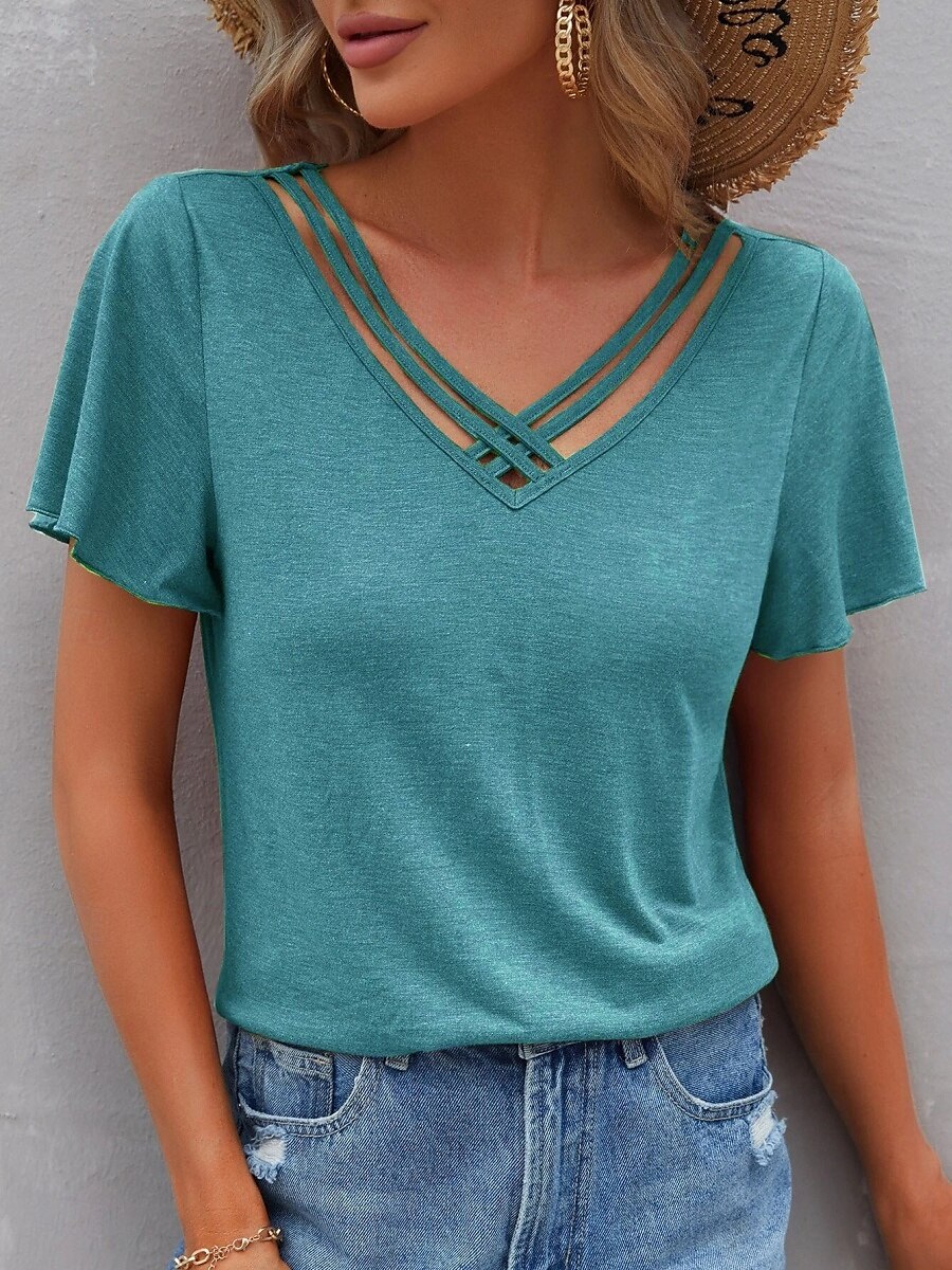 Femme T shirt Plein basique Décontractées Manche Courte Col V Hauts réguliers du quotidien Fin de semaine Bleu Vert Eté de 2025 ? $21.99 –P4