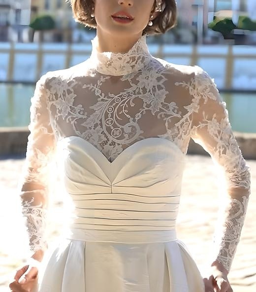 Wedding Dresses A-Line Illusion Neck Long Sleeve Asymmetrical Lace Bridal Gowns With Embroidery Solid Color 2025 - $198.99 –P3