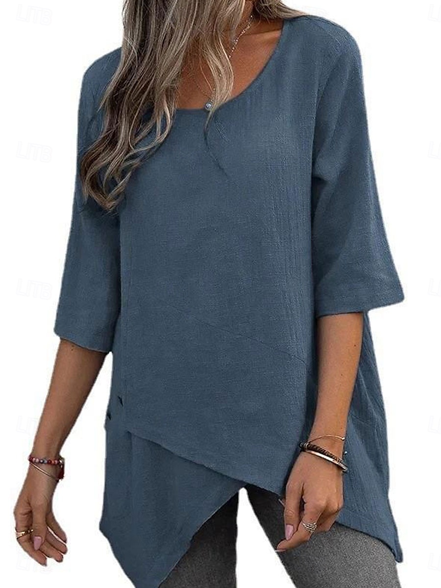 Women's Blouse Solid Color Elegant Stylish Casual Short Sleeve Crew Neck Regular Tops Work Daily Going out Asymmetric Hem Dusty Blue Gray Summer Spring 2025 - $26.99 –P2