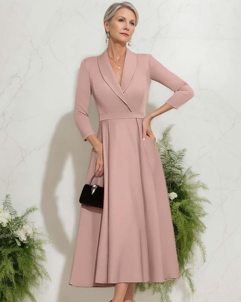 vestido blazer linha a mãe da noiva vestido crepe elegante simples lapela decote comprimento chá cetim manga 3/4 com cor sólida 2025 de 2025 por $169.99 –P8