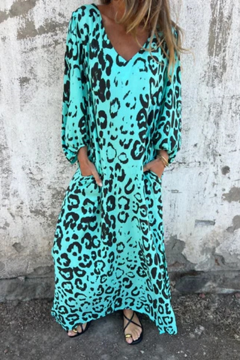 Dámské Maxi šaty Volnočasové šaty Boho Chic šaty Čechy Na běžné nošení Cikánský Dovolená Denní Plážové Volný Leopard 3/4 délka rukávu Do V Vodní modrá Trávová zelená Léto Jaro 2025 - $23.99 –P1