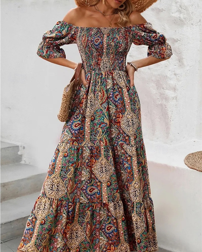Dámské Dlouhé šaty Maxi šaty Áčkové šaty Letní šaty Boho šaty Elegantní Čechy stylové Dovolená Denní Rande Běžný Grafika Krátký rukáv Pod rameny Oranžová Trávová zelená Tmavomodrá Léto 2025 - $28.99 –P6