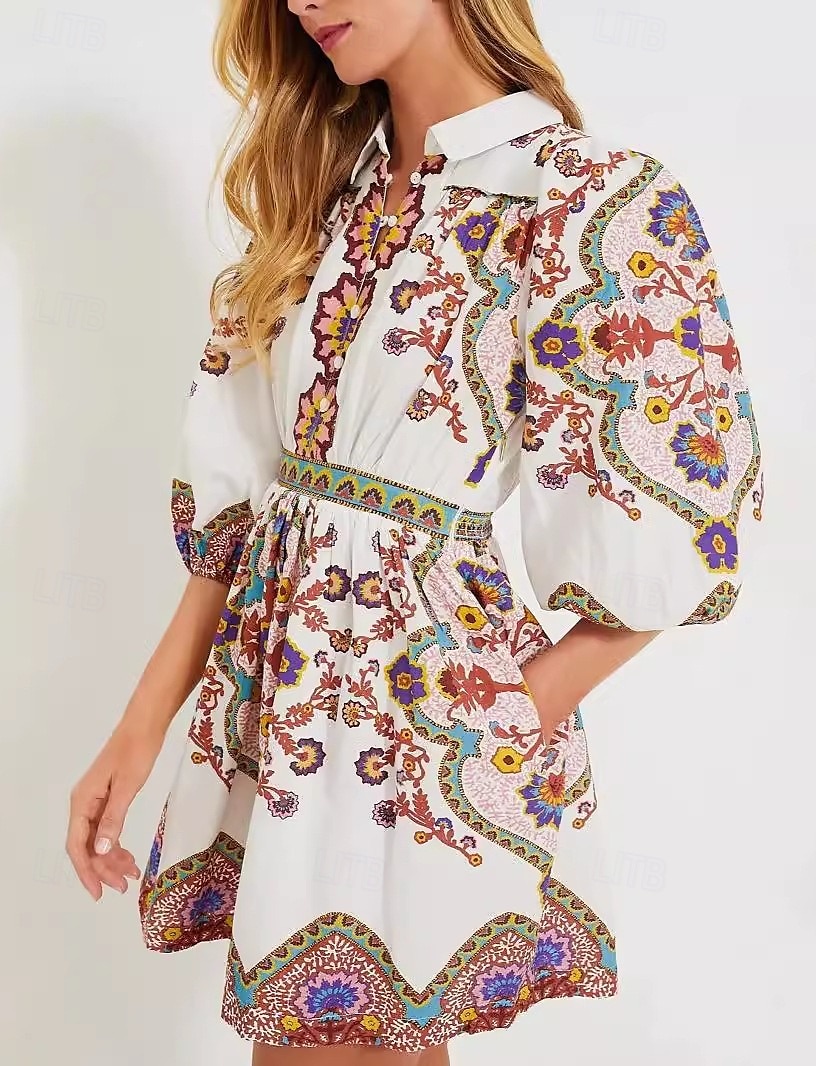Naisten Mini mekko Rento mekko A linjainen mekko Boho-mekko Tyylikäs Vapaa-aika Loma Juhla Päivittäin Loose Fit Kukka 3/4 hiha Paitapuserokaula-aukko Valkoinen Kesä Kevät Syksy 2025 - $27.99 –P3