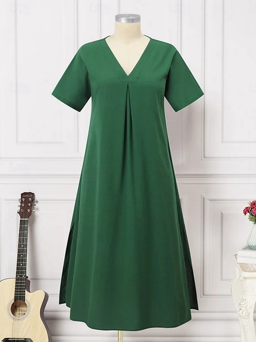 Pentru femei Rochie Maxi Rochii de in bumbac Rochie casual Rochie leagăn Rochie maxi din bumbac De Bază Casual Vacanță Zilnic Fit regulat Simplu Manșon scurt În V Negru Trifoi Vară 2025 - $32.99 –P5