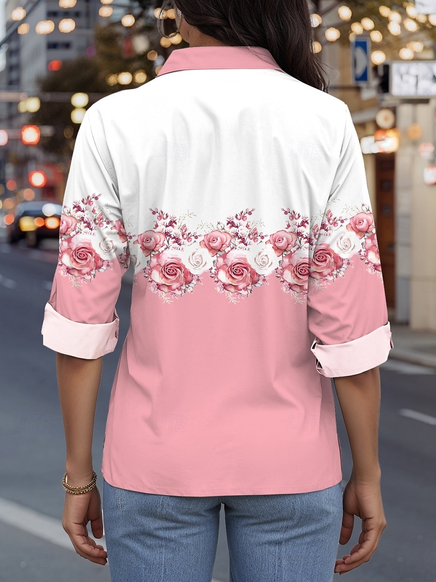 Per donna Camicia Floreale Casual Manica Lunga Colletto a Camicia Top Regolari Lavoro Quotidiano Bottoni Stampato Rosa Primavera Autunno Inverno del 2025 a $32.99 –P3