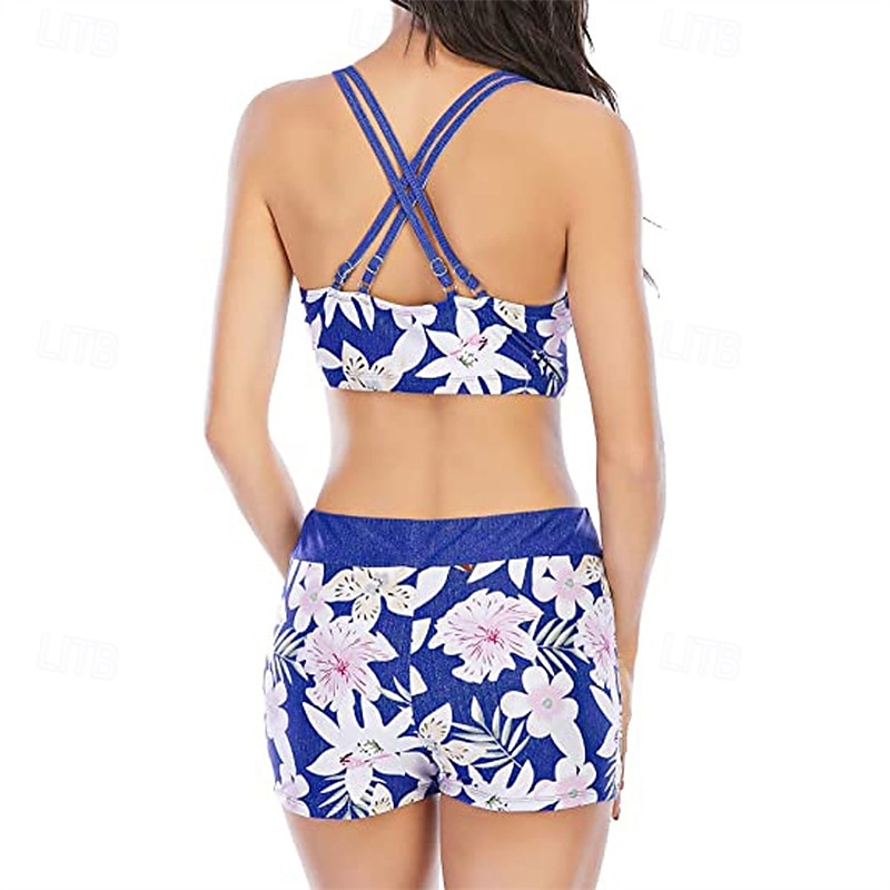 Dames Tankini Tweedelig zwempak Blote rug Kruiselings Zwemkleding Flora Zwemkleding Rood Koningsblauw Ademend Sneldrogend Lichtgewicht Mouwloos - Zwemmen Surfen Strand Zomer Lente 2025 - $15.49 –P9