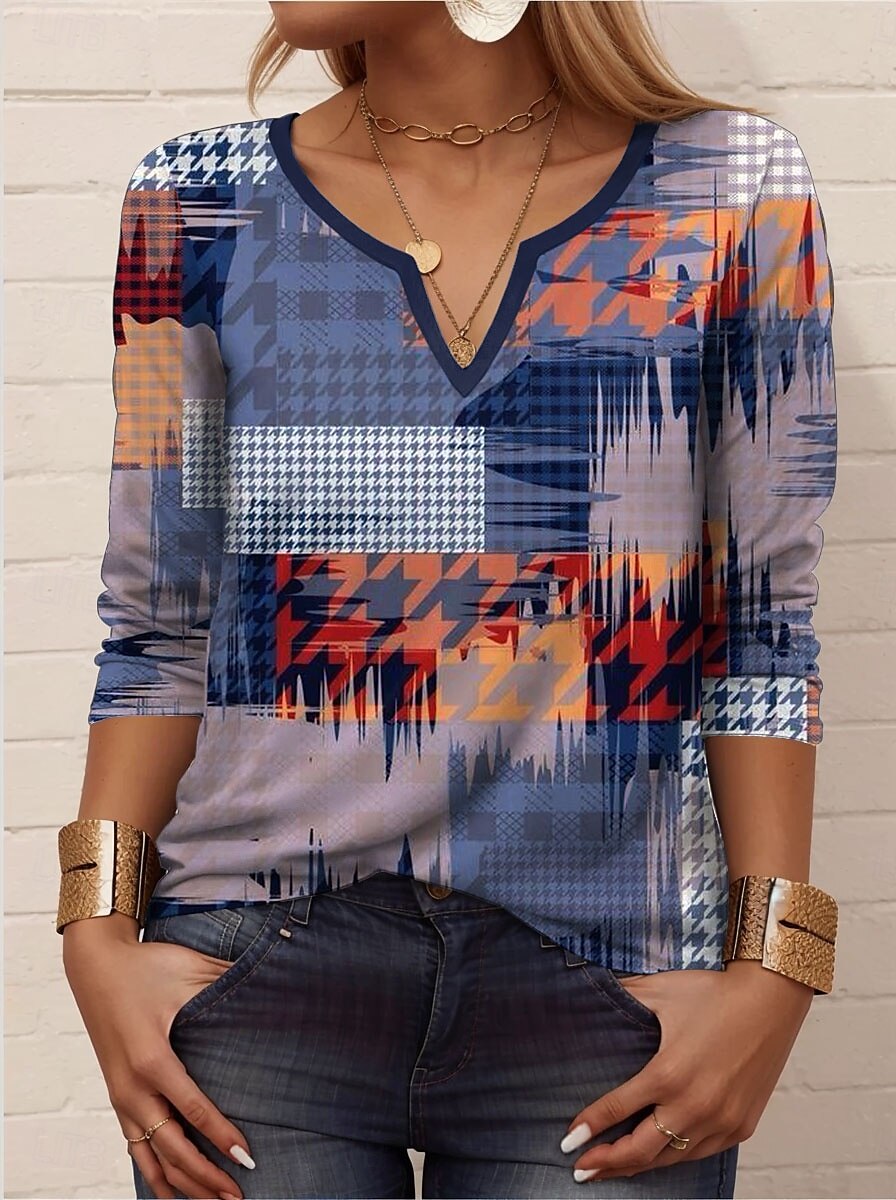 Dam T-shirt Geometrisk Ledigt Långärmad Naggad hals Vanliga toppar Dagligen Mönster Blå Sommar Vår Höst 2025 - $24.99 –P1