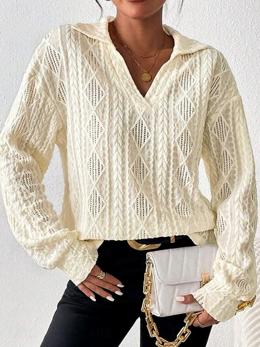 Damen Weiß Elegante Spitze Tops Augenschlitze Bluse Legere Schlichte Reguläre Tops Langarm Hemdkragen Spitze Reguläre Passform Arbeit Alltag Romantische Petite Tops Sommer Urlaubsbekleidung Beige 2025 - $25.99 –P3