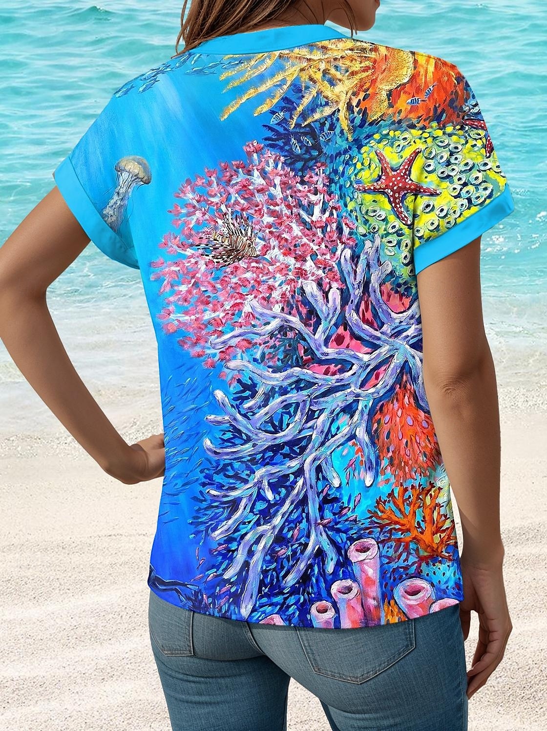 Camisa Feminina Havaiana Gráfica Tops Regulares Manga Curta Colete Botões Estampa Ajuste Form Fit Diária Azul Verão Roupas de Férias Praia de 2025 por $29.99 –P2