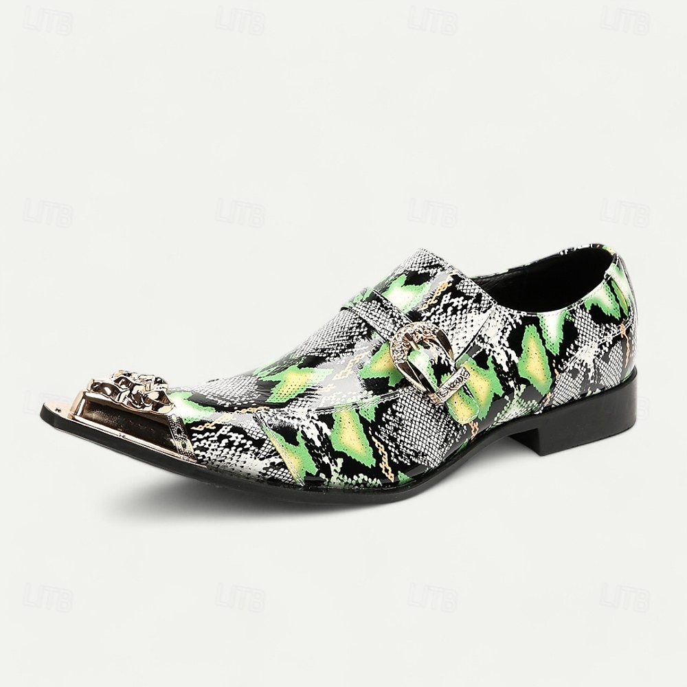 Grüne Slipper für Herren aus Leder mit Schlangenmuster, Metallschnalle und dekorativer Zehenkappe – elegante Schuhe aus hochwertigem Rindsleder im exotischen Stil für Partys und formelle Anlässe 2025 - $119.99 –P4
