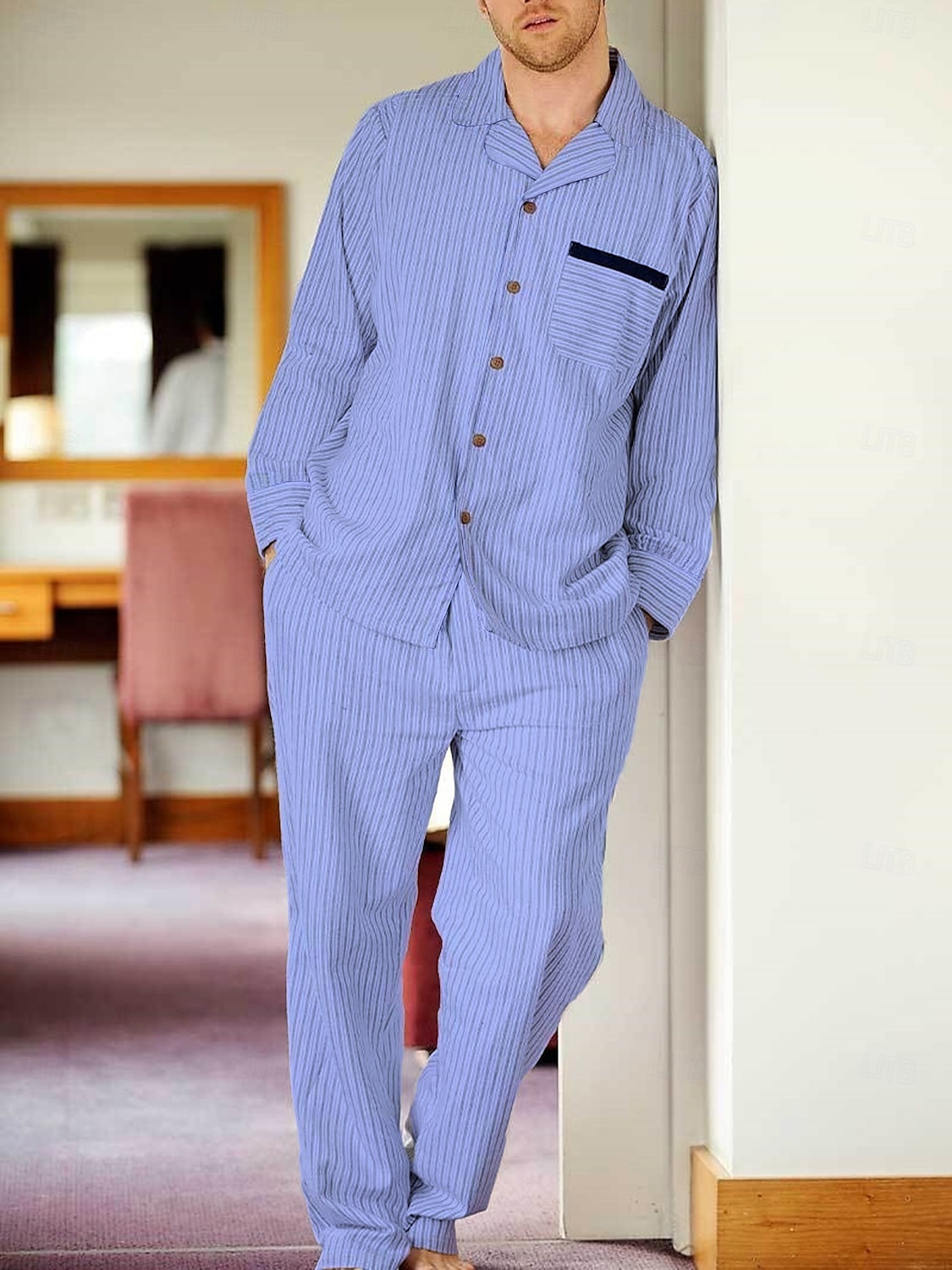 Herre lounge Nattøy Pyjamas Sett Pyjamas topp og bukse 2 deler Ruter Stripe Stilfull Fritid Komfort Hjem Daglig Bomull Komfort Knaphul Langermet Skjorte Bukse Snorer Elastisk midje Vår Høst Hvit Gul 2025 - $18.99 –P6