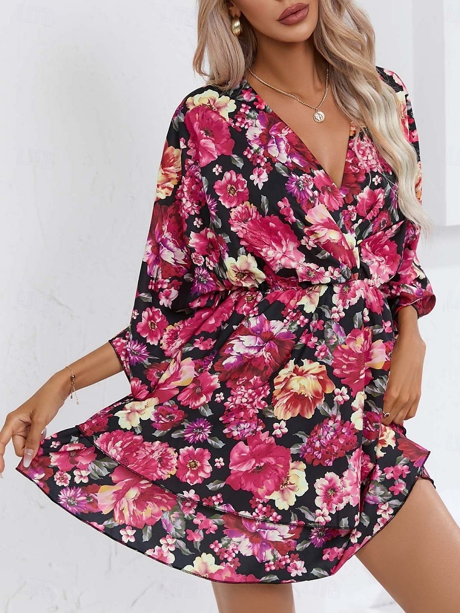 Dames Mini-jurk Casual jurk A lijn jurk Stijlvol Casual Vakantie Dagelijks Normale pasvorm Bloemig 3/4 mouw V-hals Zwart Rood Zomer Lente 2025 - $27.99 –P9