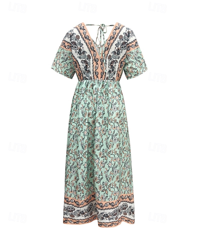 Femme robe longue Robe Trapèze Robe d'été robe boheme Elégant Hawaïen mode Vacances du quotidien Rendez-vous Standard Floral Manche Courte Col V Vert Eté de 2025 ? $25.99 –P9