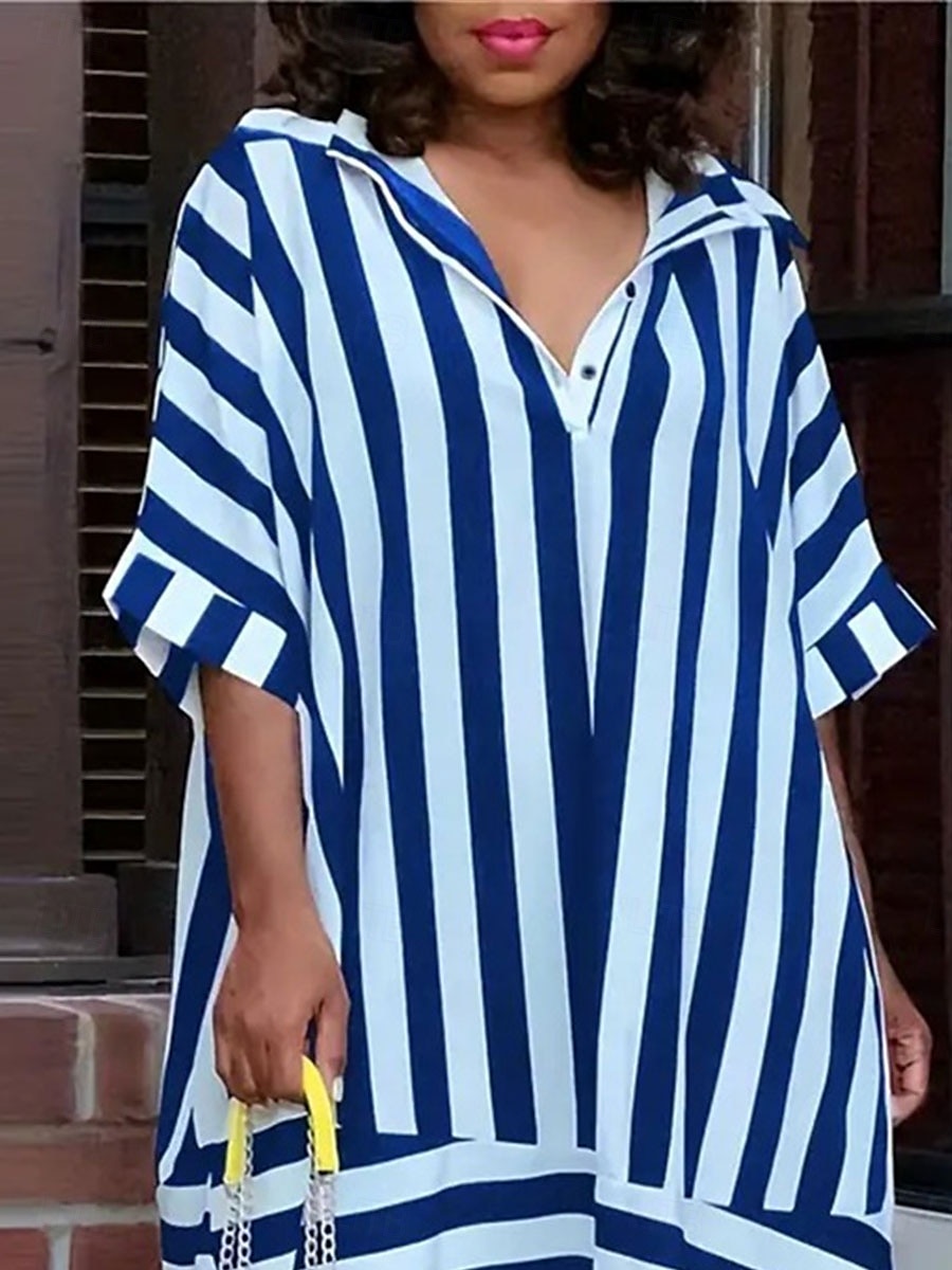 Mujer Vestido Midi Vestido de Camisa Vestido informal Elegante Casual Vacaciones Diario Cita Holgado Raya Manga Corta Cuello Camisero Negro Rojo Azul Piscina Verano Primavera Otoño 2025 - $30.99 –P2