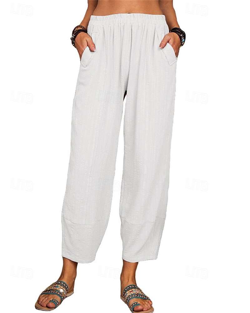 Women's Cotton Linen Pants Pants Trousers Lightweight Casual Ankle-Length High Rise Plain Pocket Breathability Comfortable Inelastic Casual Daily Weekend Wine Navy Black White Summer Spring Regular 2025 - $19.99 –P5