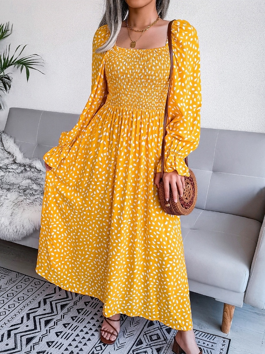 Femme Robe Maxi Robe Maxi Robe de laitière Robe smockée Soirée Hawaïen mode Vacances Travail du quotidien Standard Pois manche longue Col Carré Jaune Rose Claire Printemps Automne de 2025 ? $33.99 –P4