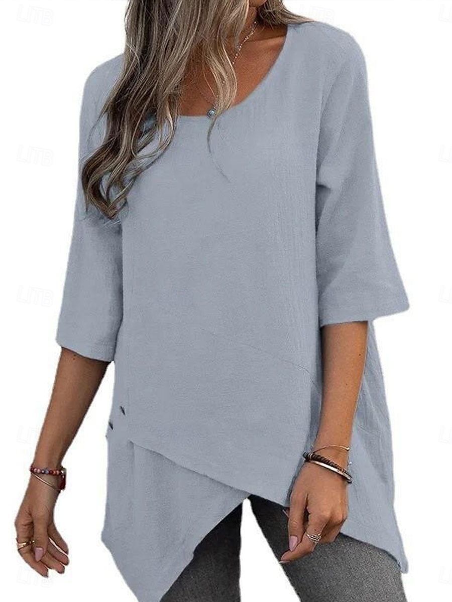 Women's Blouse Solid Color Elegant Stylish Casual Short Sleeve Crew Neck Regular Tops Work Daily Going out Asymmetric Hem Dusty Blue Gray Summer Spring 2025 - $26.99 –P5