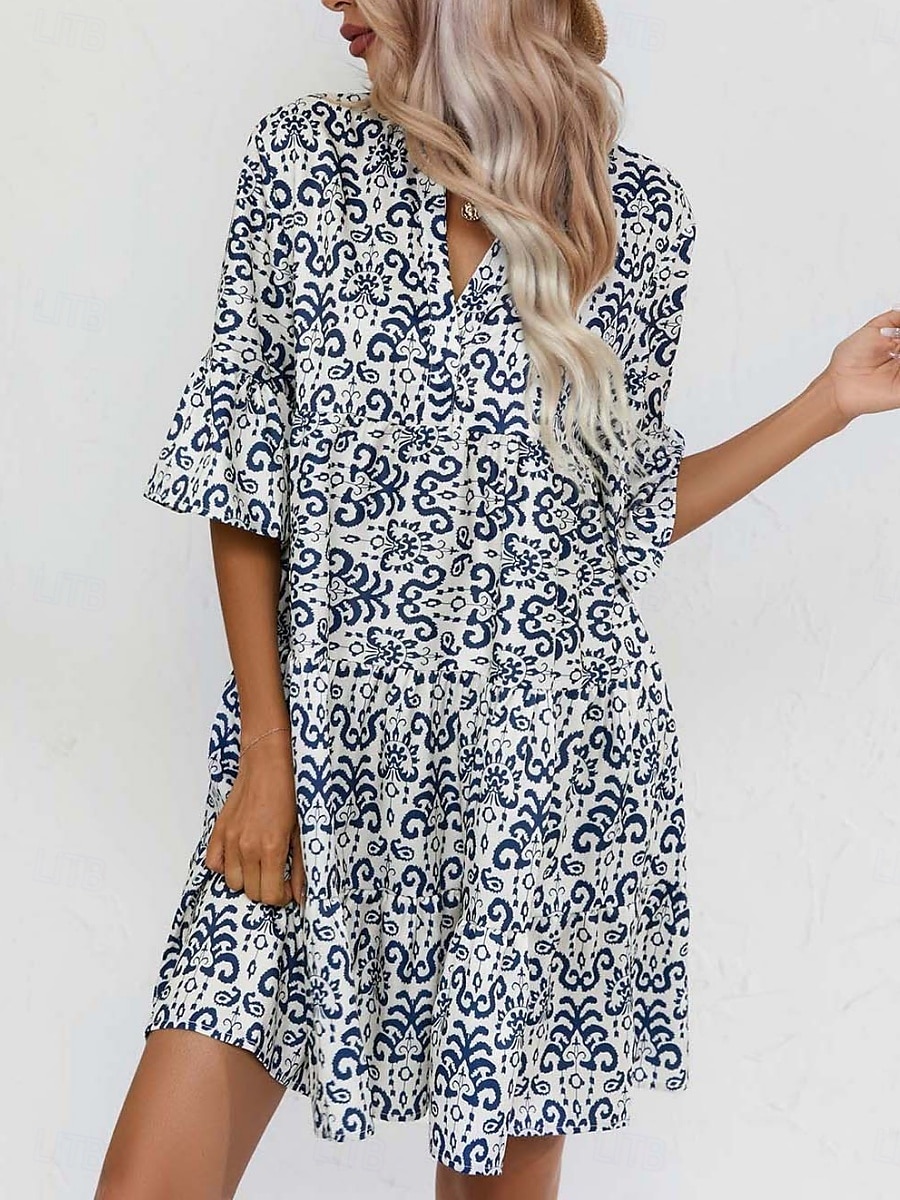 Damen Minikleid Casual kleid Boho Chic Kleider A Linie Kleid Boho-Kleid Böhmen Vintage Urlaub Täglich Regular Fit Blumen 3/4 Ärmel Gekerbter Hals Rosa Blau Sommer 2025 - $25.99 –P1