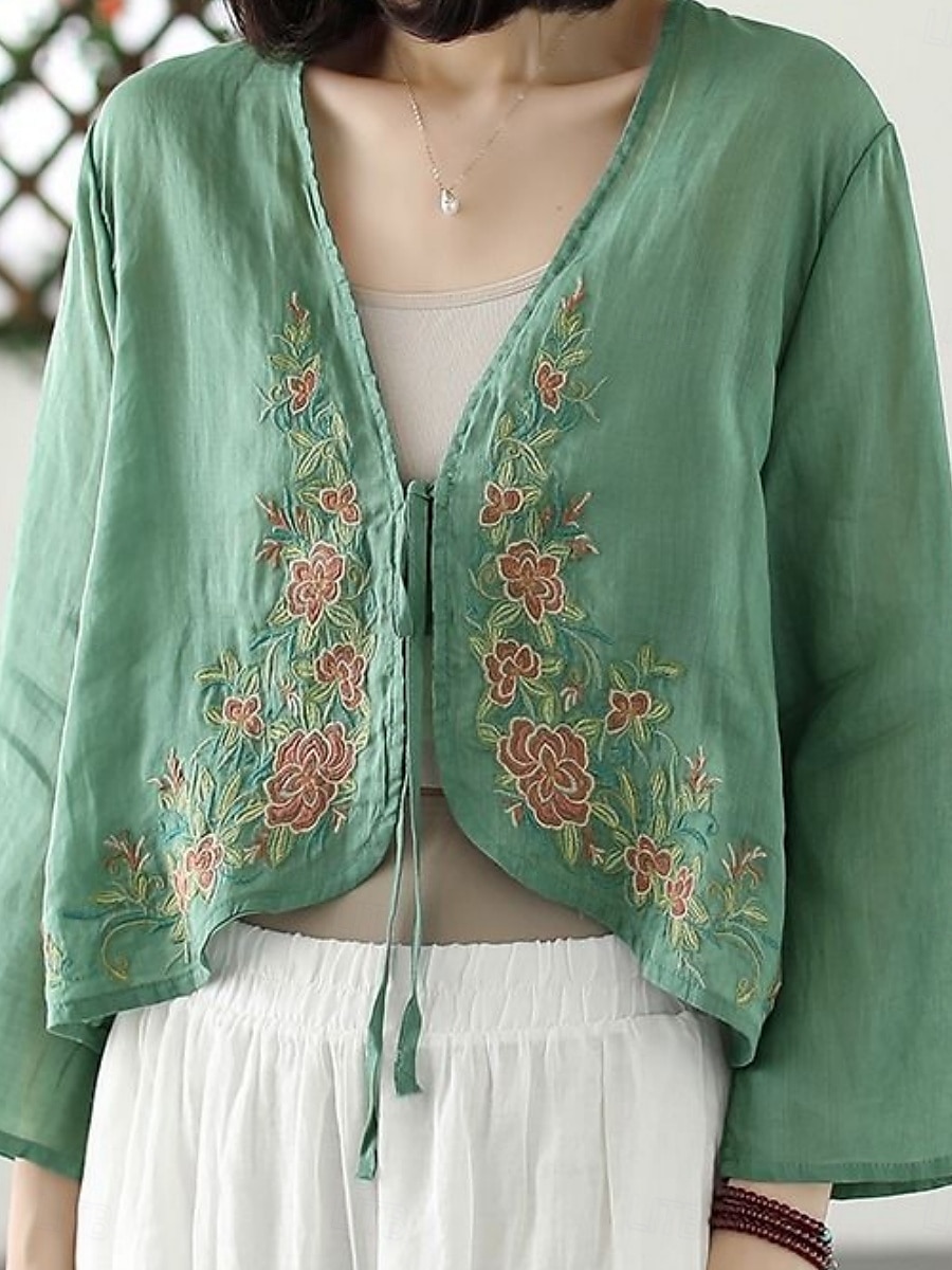 Damen Leinen-inspirierte Hemden Einfach Lässig Langarm V Ausschnitt Urlaub Straße Alltagskleidung Bestickt Gelb Purpur Orange Grün Sommer Frühling 2025 - $21.99 –P3