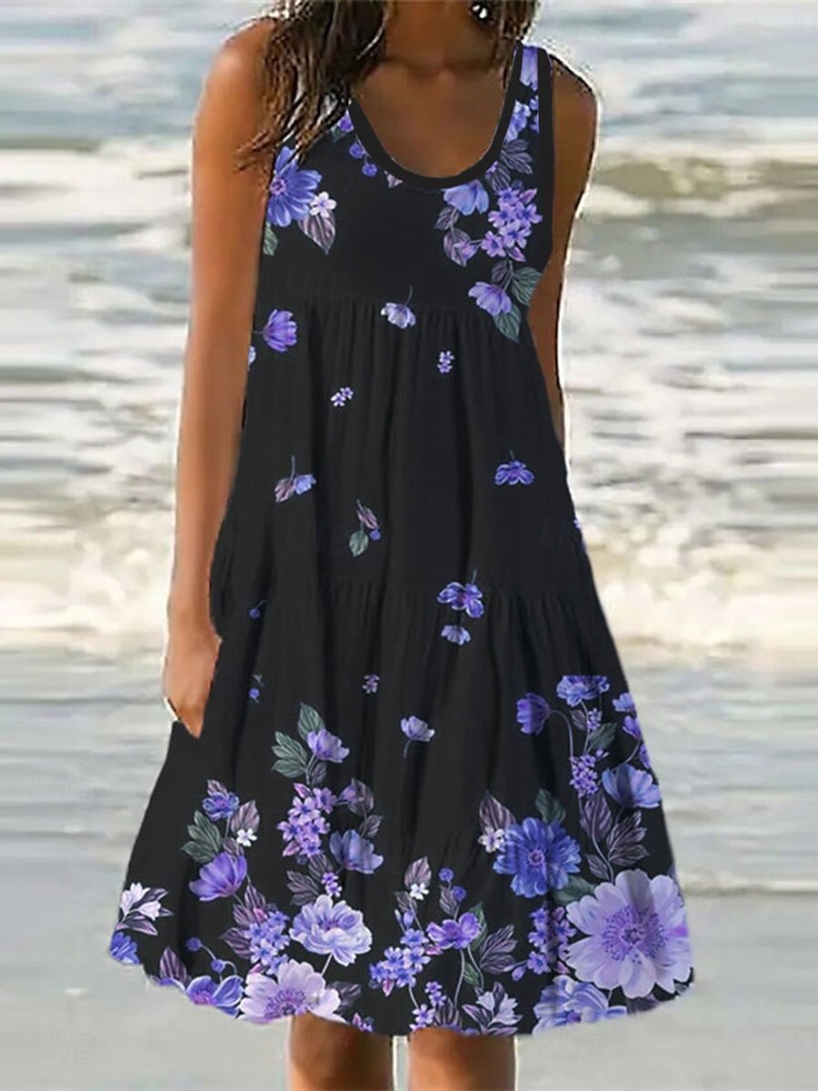 Kvinnors Mini Klänning Petite Klänning Sommarklänning Skift Klänning Volang Klänning Semester Avslappnad Utomhus Semester Dags Regular Fit Blommig Ärmlös U-Hals Blå Lila Fuchsia Grön Sommar Vår 2025 - $28.99 –P5