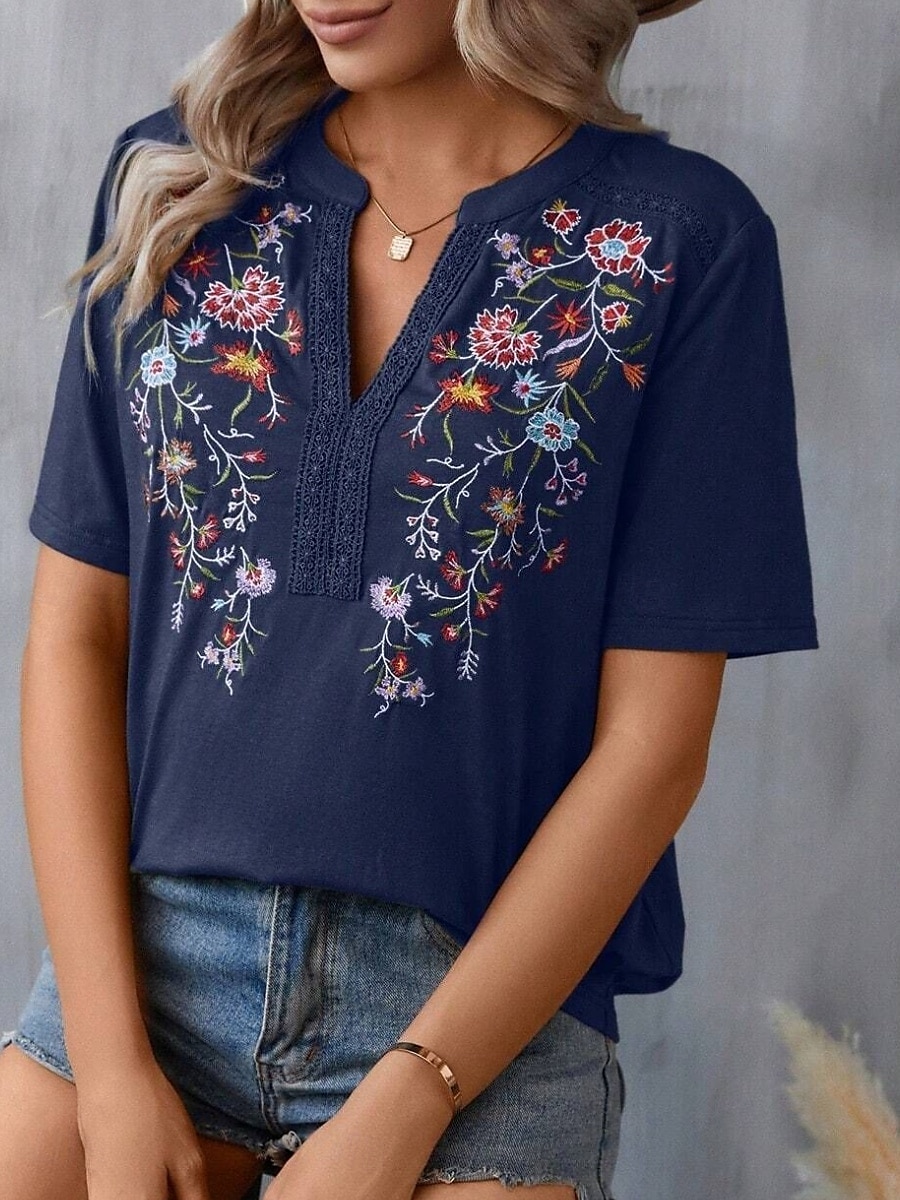 Women's Shirt Blouse Floral Stylish Casual Short Sleeve Notched Neck Regular Tops Daily Embroidered Army Green Navy Blue Summer 2025 - $32.99 –P3