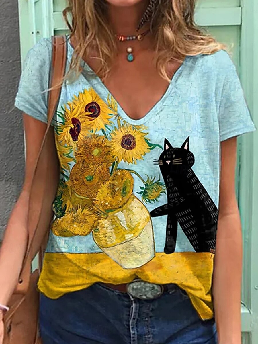 Femme T shirt Animal Spot Multicouleur mode Décontractées Manche Courte Col V Hauts réguliers du quotidien Imprimer Bleu Eté de 2025 ? $19.99 –P1