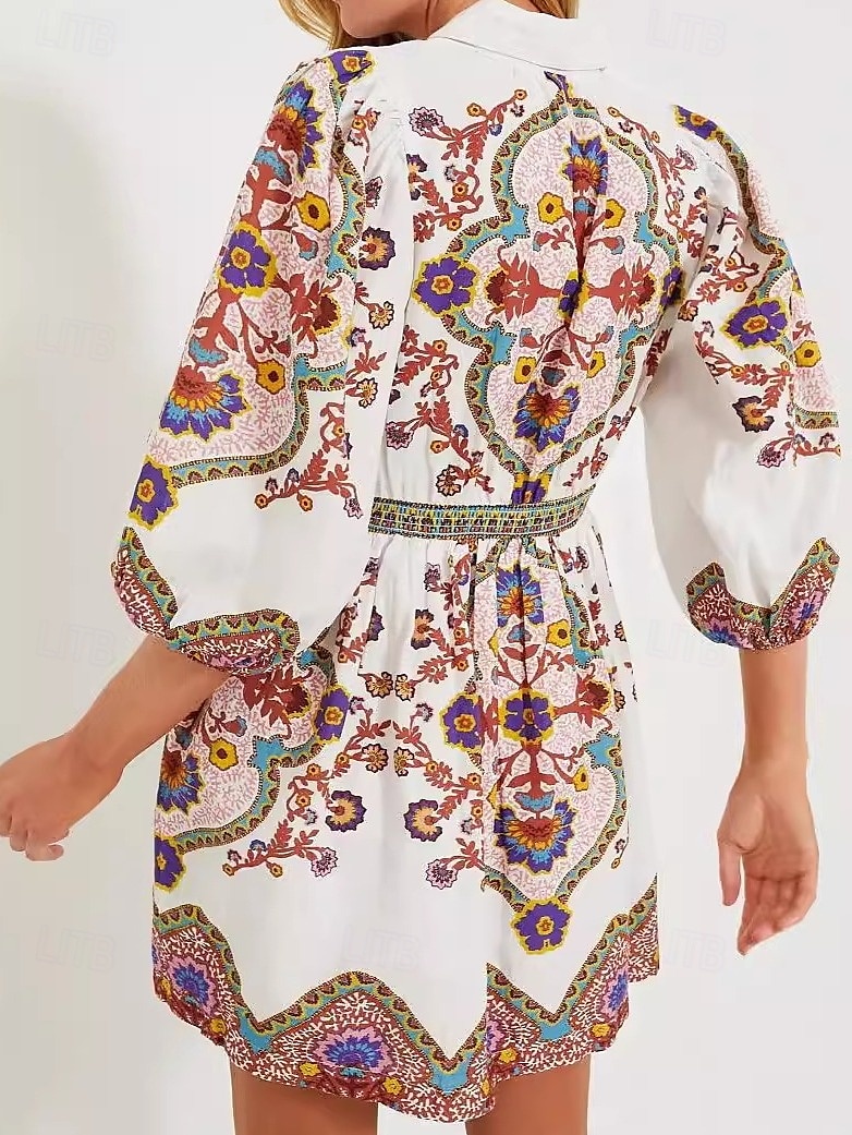 Naisten Mini mekko Rento mekko A linjainen mekko Boho-mekko Tyylikäs Vapaa-aika Loma Juhla Päivittäin Loose Fit Kukka 3/4 hiha Paitapuserokaula-aukko Valkoinen Kesä Kevät Syksy 2025 - $27.99 –P2