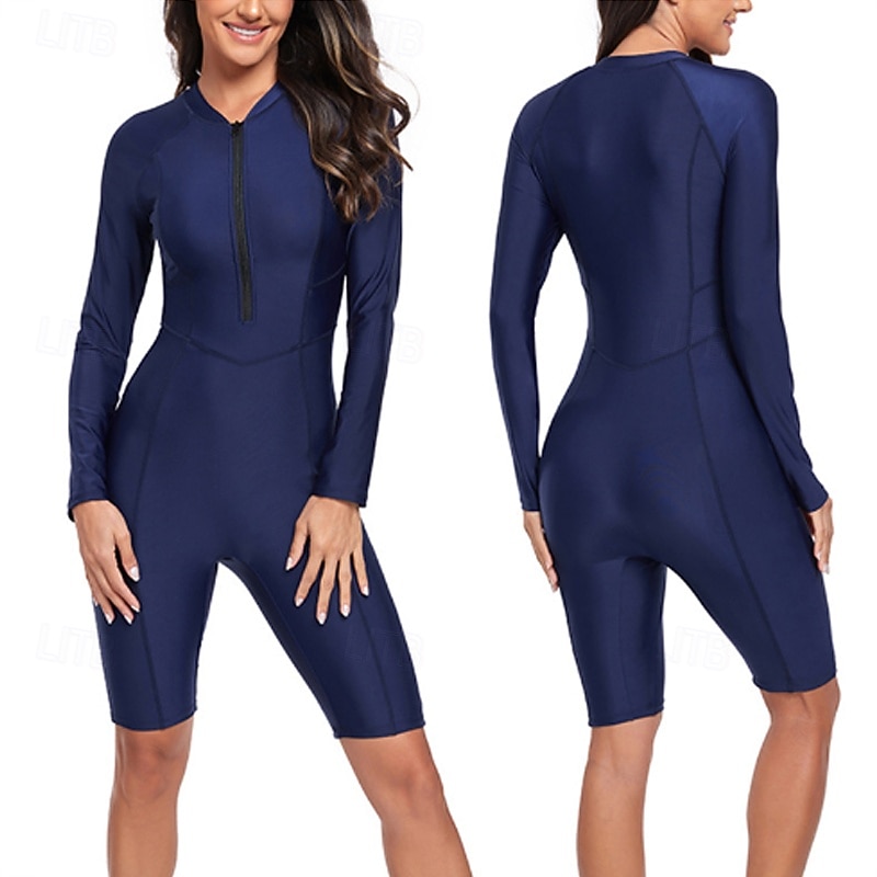 Damen Anti UV Shirt Badeanzug Bademode Einfarbig Frontreißverschluss UV-Sonnenschutz Schnelltrocknend Leicht Langarm Bodysuit Badeanzug Surfen Strand Wassersport Sommer 2026 - $26.99 –P1
