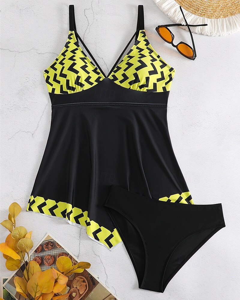 Dames Tankini Tweedelig zwempak V-hals Zwemkleding Zwemkleding Zwart / Wit Wit Ademend Sneldrogend Lichtgewicht Mouwloos - Zwemmen Surfen Strand Zomer Lente Grote maten 2025 - $25.99 –P20