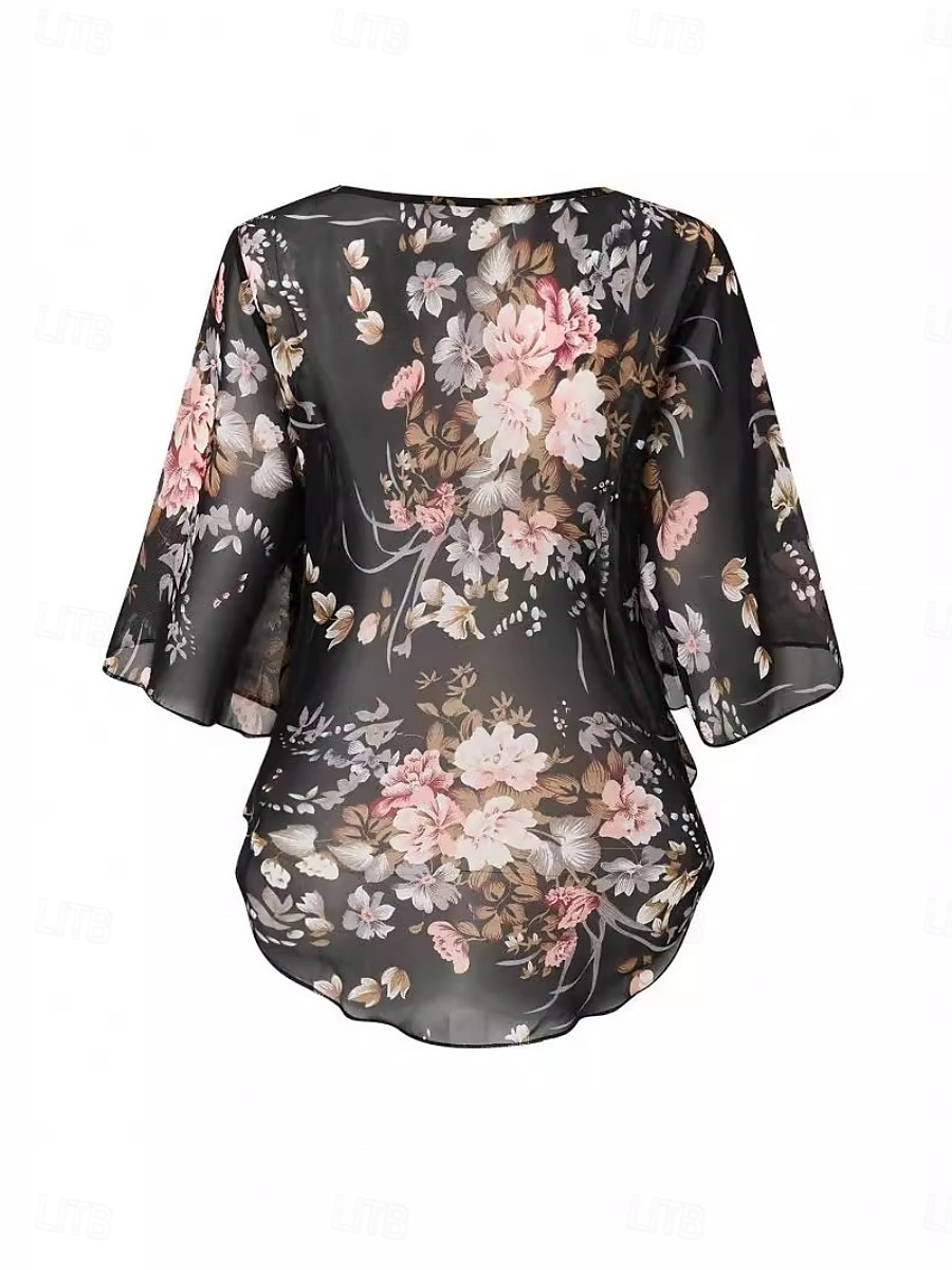 Dame Skjorte Bluse Blomstret Stilfull Fritid 3/4 ermer Crew-hals Vanlige topper Daglig Netting Trykt mønster Svart Sommer 2025 - $21.99 –P4