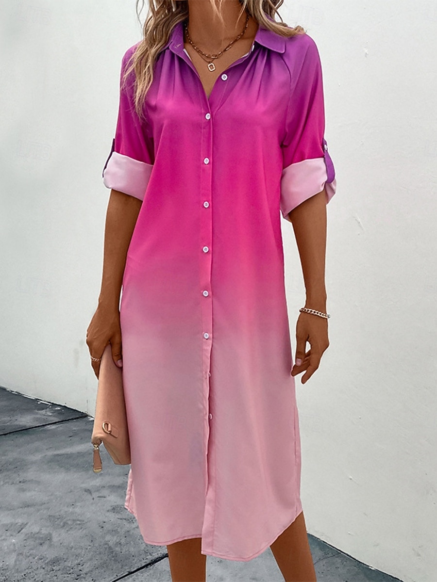 Жен. Платье средней длины Платье-рубашка Повседневное платье Стиль На каждый день Отпуск Повседневные Стандартный Омбре Длинный рукав Рубашечный воротник Розовый Лето 2025 - $41.99 –P7