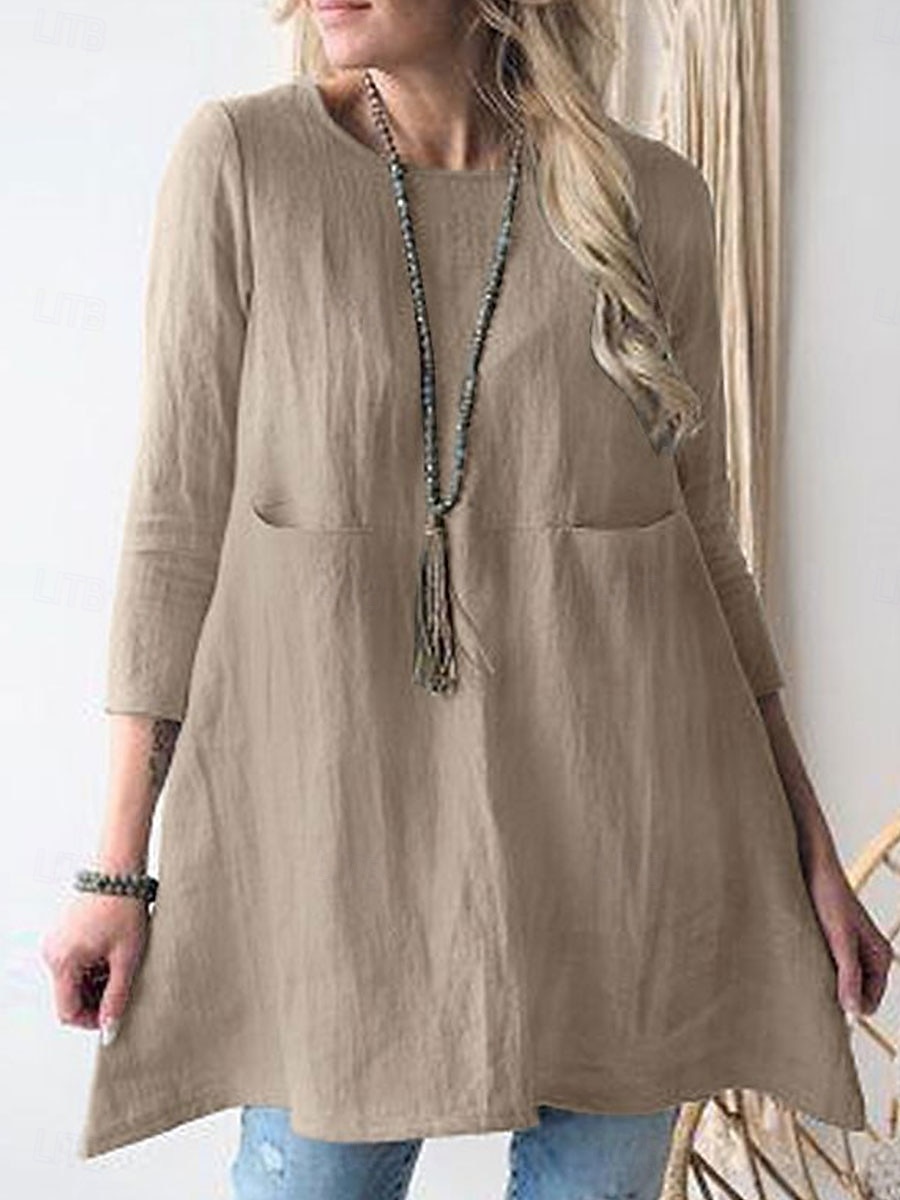 Damen Minikleid Baumwoll-Leinen-Kleider Freizeitkleid Stilvoll Basic Lässig Urlaub Täglich Lässiger Schnitt Einfach Dreiviertelarm Rundhalsausschnitt Grün Khaki Dunkelblau Sommer Frühling Herbst 2025 - $16.99 –P14