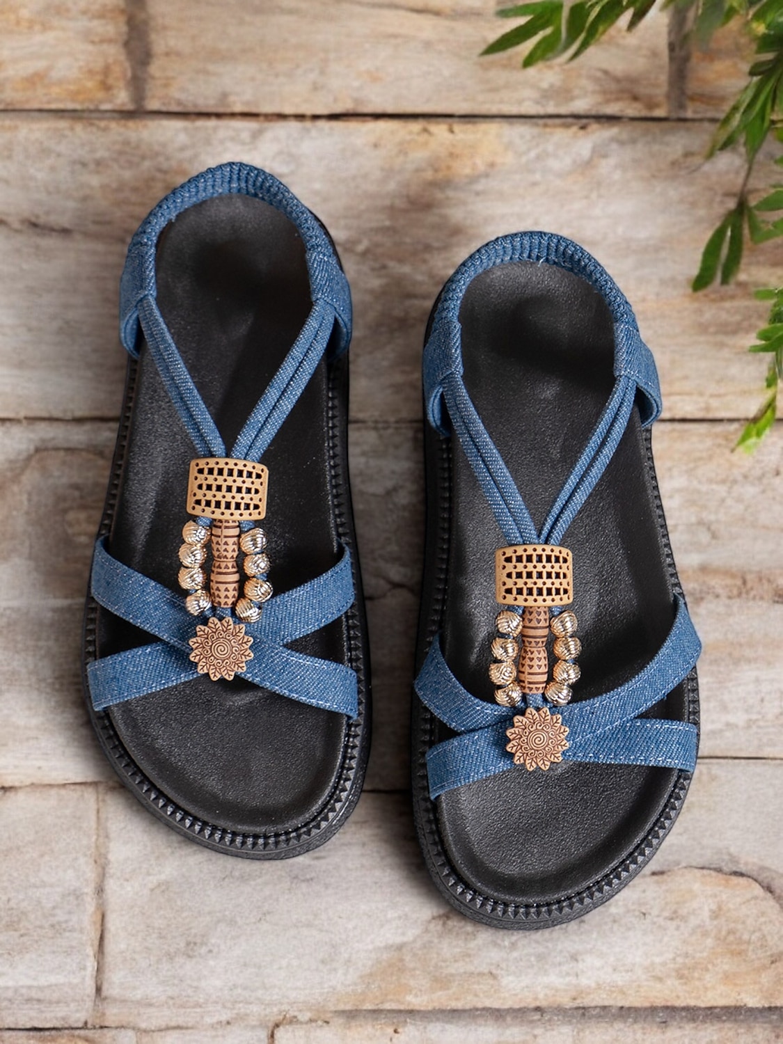 Women's Denim T-Strap Sandals with Beaded and Embellished Details, Lightweight Sole, and Boho Style for Beachwear and Summer Casual Outfits 2025 - $24.99 –P2