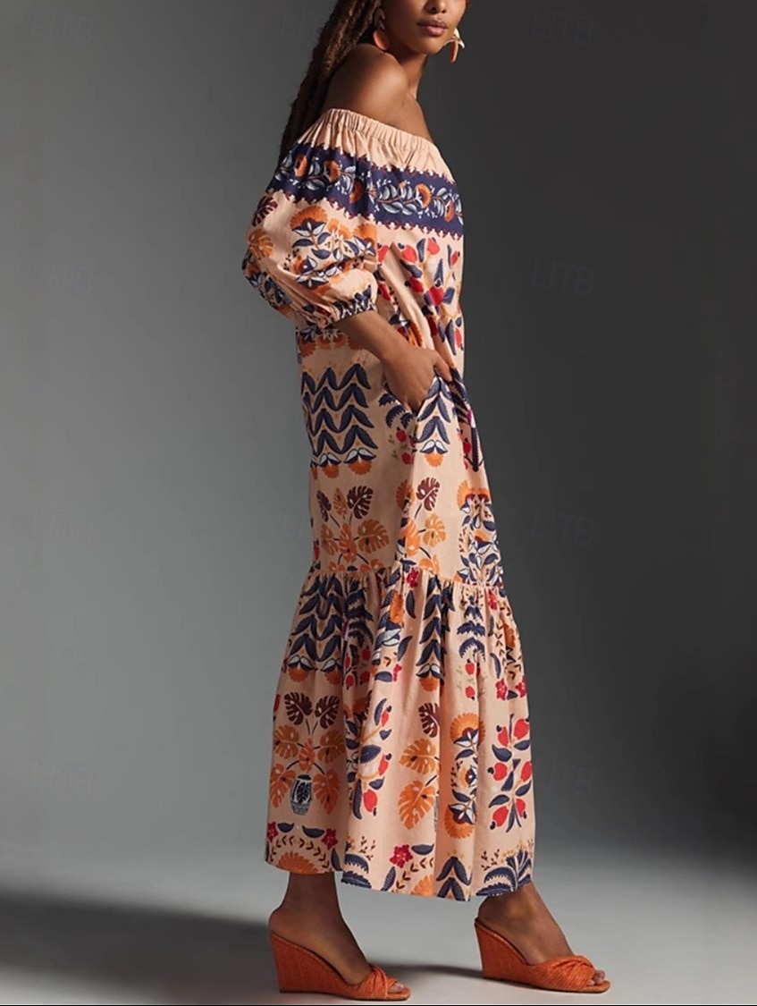 Femme Robe Maxi Robe casual Robes bohème chic robe boheme Bohême Le style mignon mode Vacances du quotidien Plage Ample Graphic manche longue Epaules Dénudées Orange Eté Printemps de 2025 ? $27.99 –P4