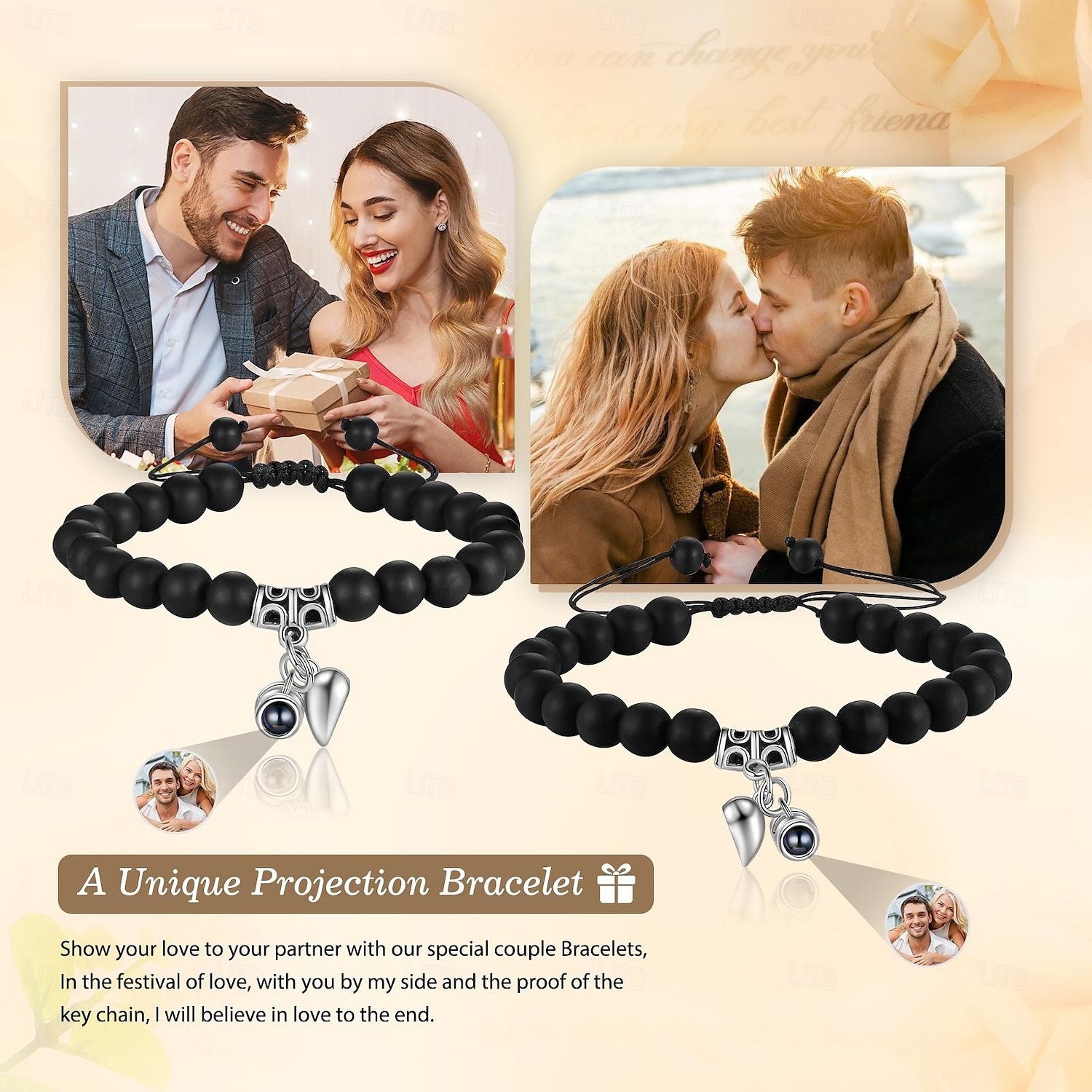 Ett Par Anpassade Eleganta Pararmband Anpassad Bröllopsgåva för Par Inbäddade med Projektionsstenar. Armbanden Har Magnetiska Stenar som Gör att De Kan Foga Samman 2025 - $41.99 –P2