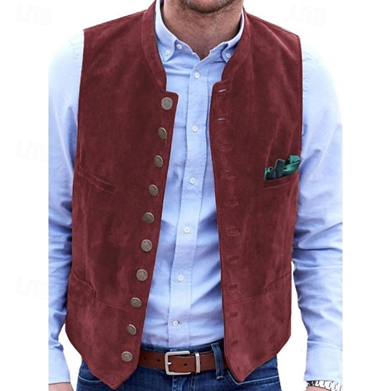 Men's Vest Gilet Suede Vest Vacation Daily Date Fashion Casual Spring & Fall Buttons Pocket Polyester Comfortable Plain Single Breasted One-button Stand Collar Regular Fit Black Red Blue Army Green 2025 - $44.99 –P4